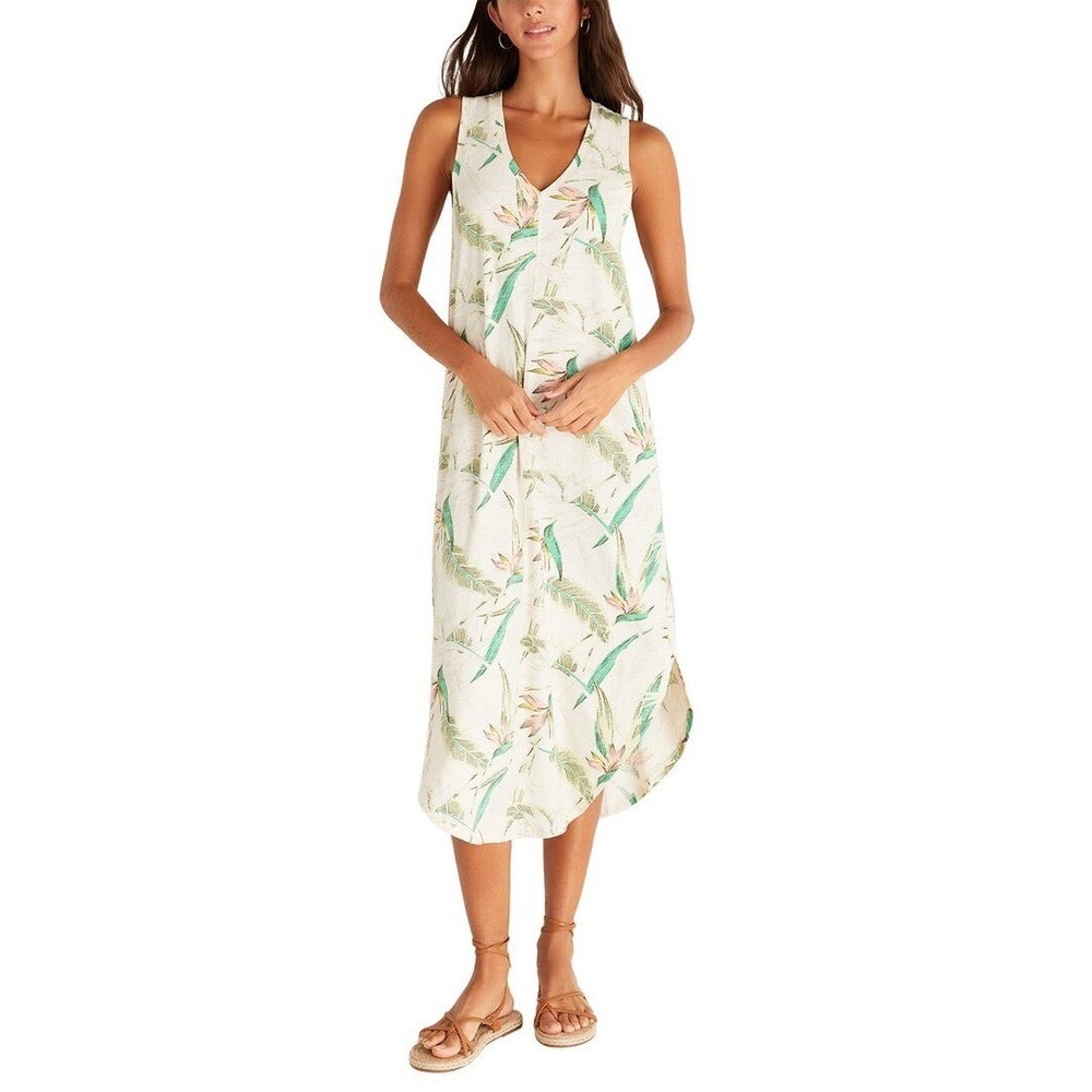 Z Supply Reverie Dress Women Large White Birds Of Paradise Floral Midi Tropical